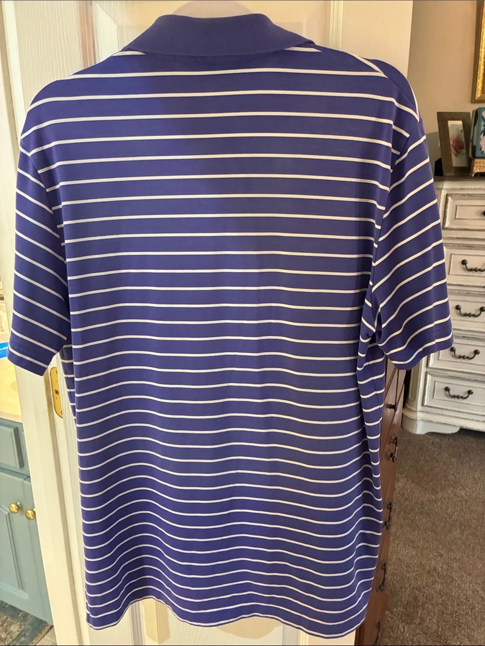 Ralph Lauren Purple and White Striped Polo Shirt SZ M Patch on sleeve